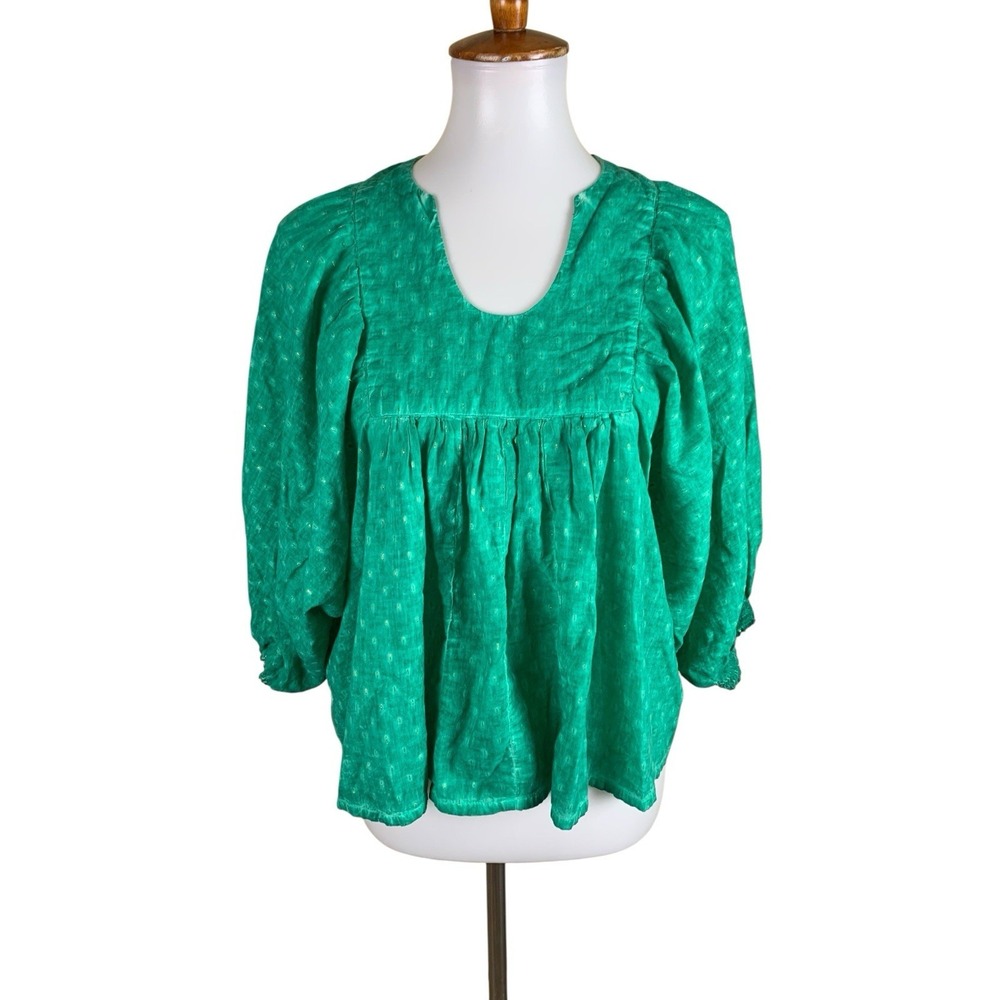 Dolma Green Metallic Dot Peasant Blouse Boho Balloon Sleeve OS